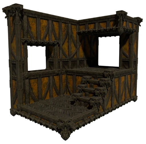 A small building made of Half-timbered Shell Limestone Block
