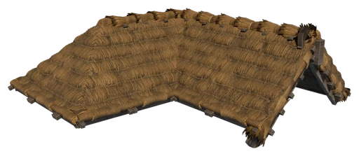An L-shaped hipped roof made of Straw Roof Block